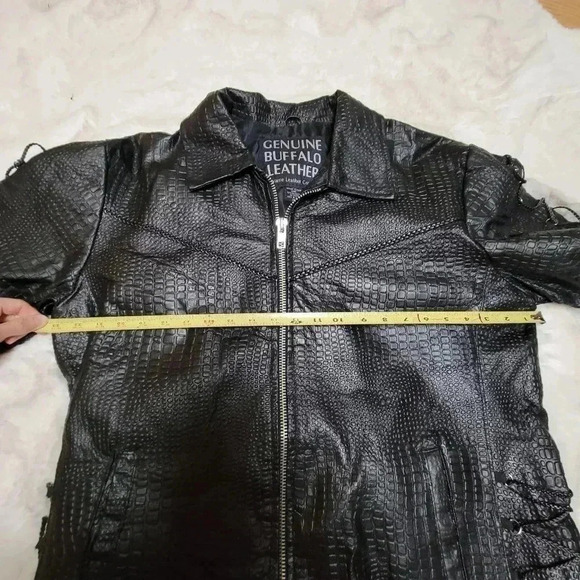 Navarre Croc Embossed Black Buffalo Leather Embroidered Rose Moto Jacket Biker - Picture 10 of 10